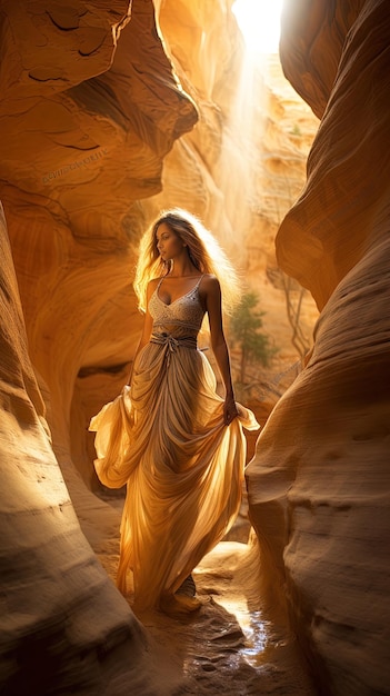 una mujer con un vestido está caminando en una cueva