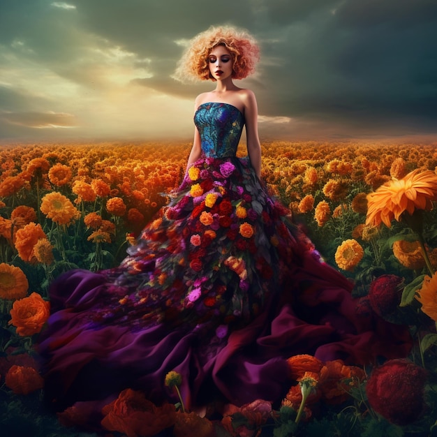 Una mujer con un vestido está de pie en un campo de flores.