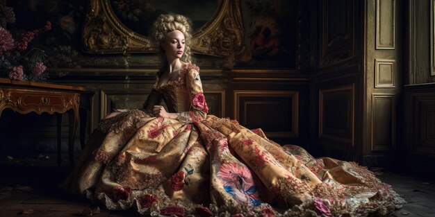 Foto una mujer con un vestido con un estampado floral en el frente.