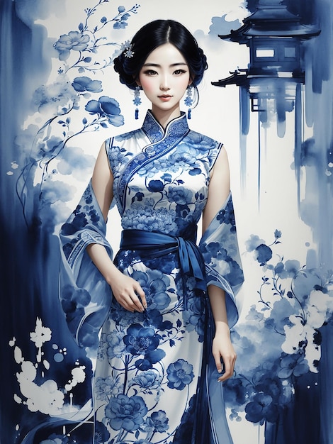 Una mujer con un vestido de estilo chino.