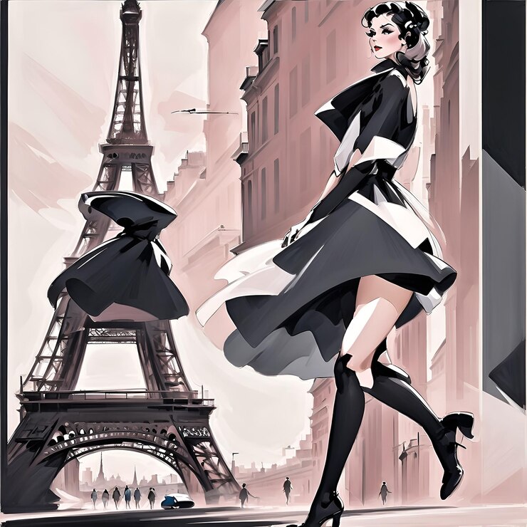 Una mujer con vestido y falda con la torre eiffel al fondo.