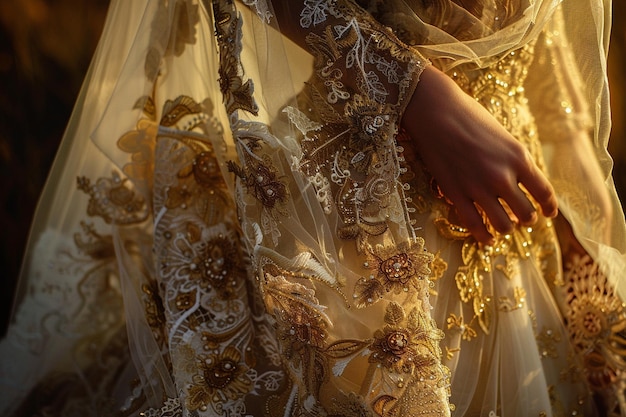 una mujer en un vestido con una flor de oro en él