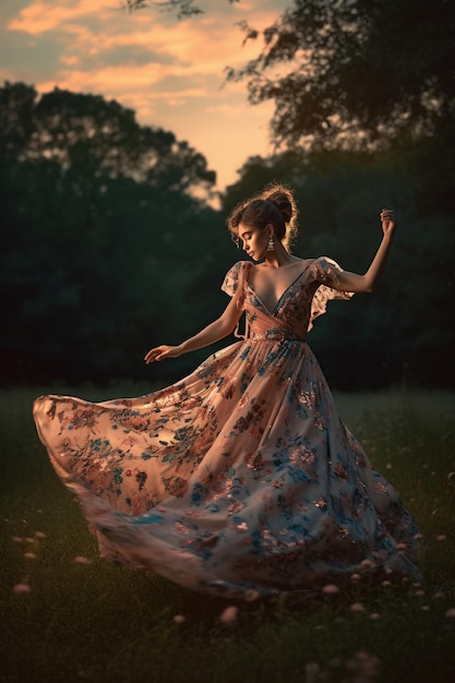 Una mujer con un vestido floral baila en un campo con la puesta de sol detrás de ella.