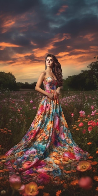 Una mujer con un vestido floral se encuentra en un campo de flores.