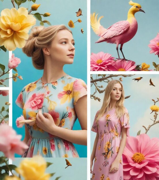 una mujer en un vestido floral con un pájaro en la cabeza