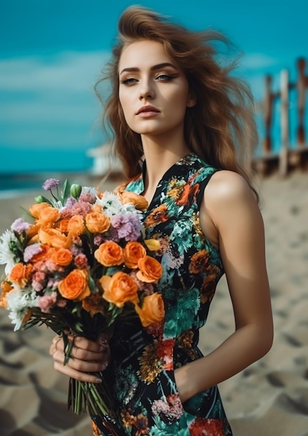 Una mujer con un vestido con flores en la playa.