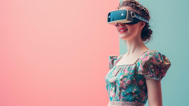 Foto mujer en vestido de flores vintage con gafas de realidad virtual fondo de color pastel