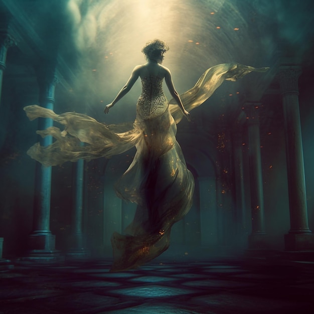 Una mujer con un vestido flota en una habitación oscura con una luz en la parte inferior.