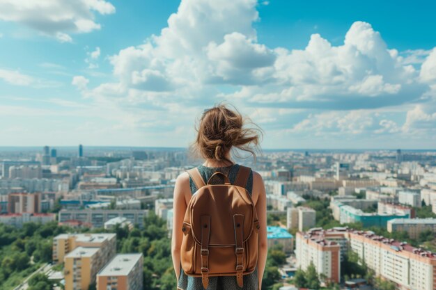 Foto mujer con un vestido fluido con una mochila mirando un hermoso concepto de paisaje de turismo