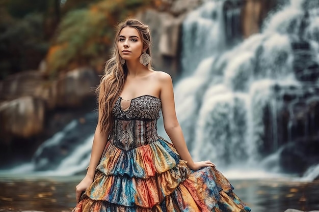 Una mujer con un vestido se para frente a una cascada.