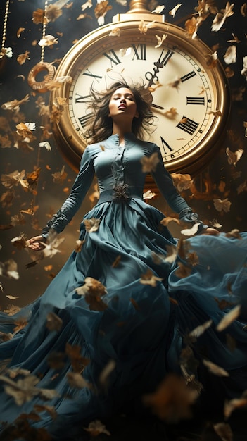 Una mujer con un vestido frente a un reloj.