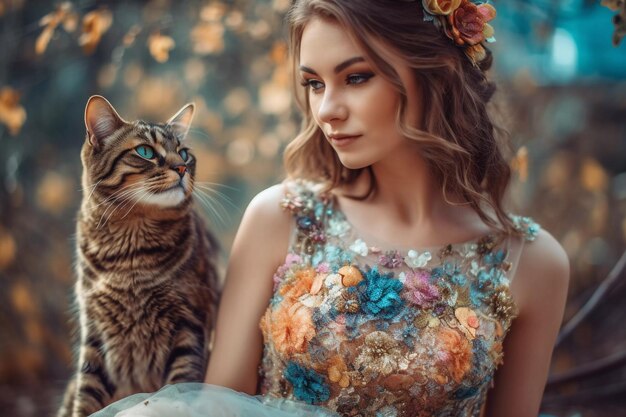 Una mujer con un vestido con un gato en el hombro.