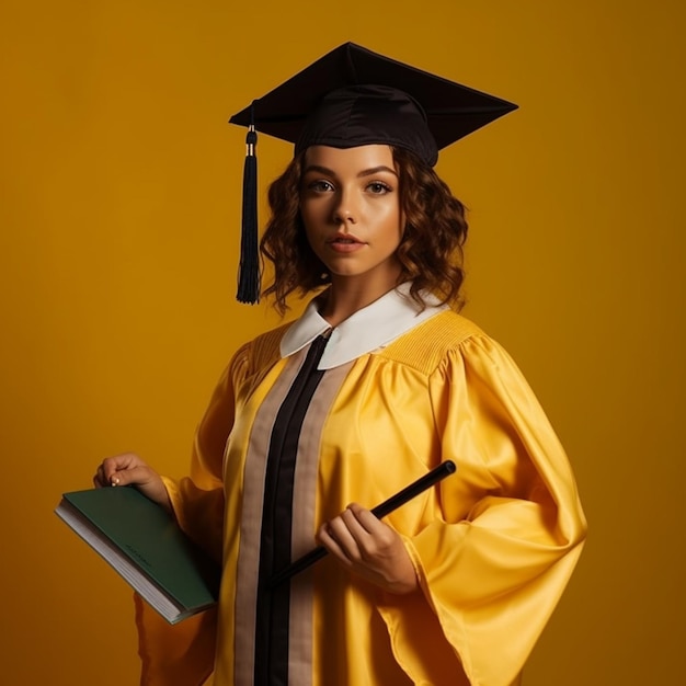 Una mujer con un vestido de graduación amarillo sostiene un libro verde.