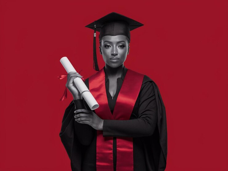 una mujer en un vestido de graduación con un diploma