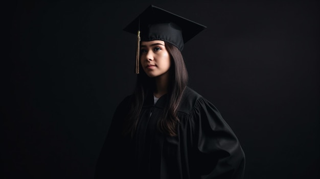 Foto una mujer con un vestido de graduación se para frente a un fondo negro