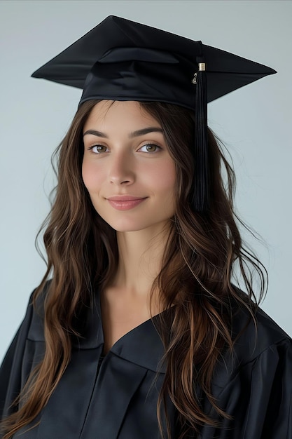 Una mujer con un vestido de graduación y una gorra