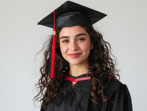 Una mujer con un vestido de graduación y una gorra