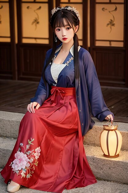 Una mujer con un vestido hanfu azul y rojo se sienta en un escalón de piedra.