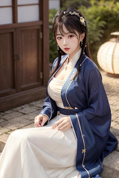 Una mujer con un vestido hanfu azul se sienta en el suelo frente a una puerta.