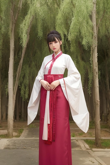 Una mujer con un vestido hanfu rojo.