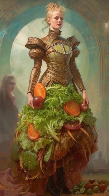 Una mujer con un vestido hecho de lechuga y tomates.