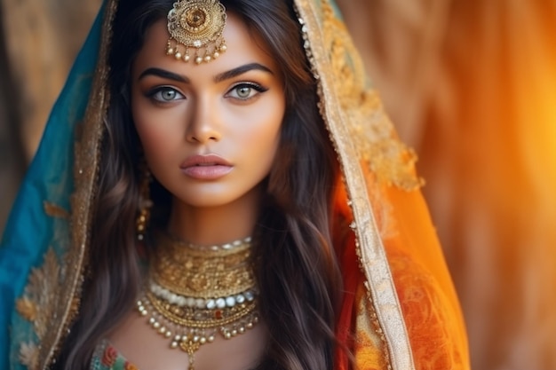 Una mujer con un vestido indio tradicional con joyas de oro y un vestido verde