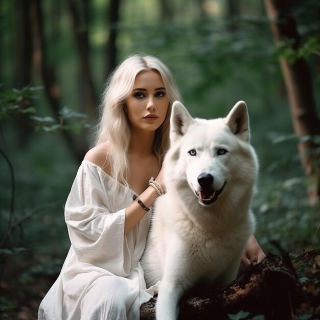 una mujer con un vestido junto a un lobo