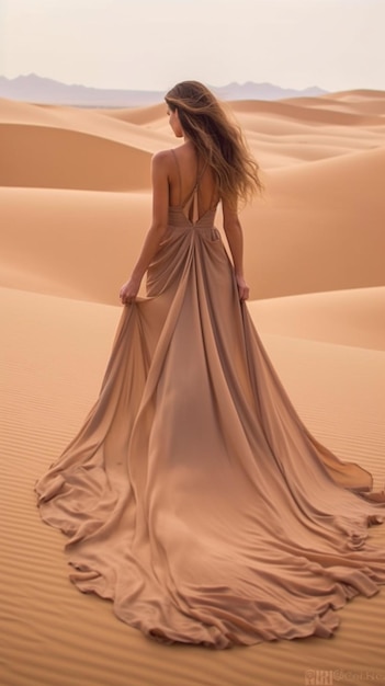 Una mujer con un vestido largo se para en la arena del desierto.