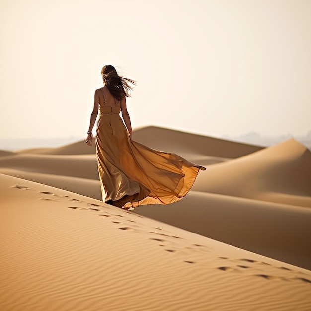 Una mujer con un vestido largo camina por el desierto.