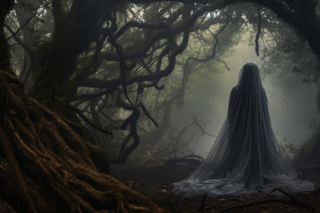 una mujer con un vestido largo se encuentra en medio de un bosque oscuro