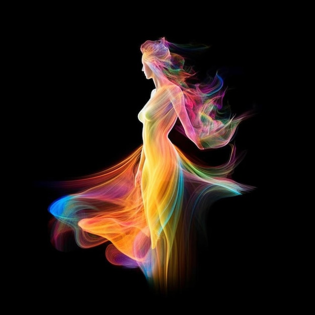 Una mujer con un vestido largo está bailando con ai generativo de humo coloreado.