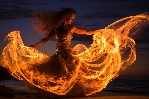 Una mujer con un vestido largo está bailando con el fuego