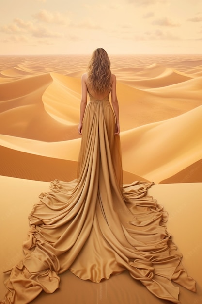 Mujer en un vestido largo de pie en el desierto