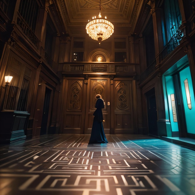 una mujer en un vestido largo de pie en una habitación con un candelabro y un piso con un patrón de laberinto en él un