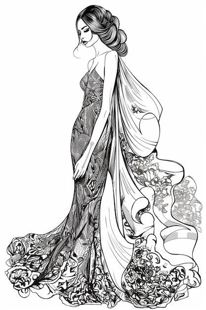 una mujer con un vestido largo con velo y flores ai generativo