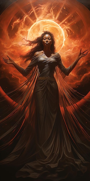 una mujer en un vestido largo con un vestido negro largo en la parte inferior de su cuerpo está de pie en un cielo naranja oscuro