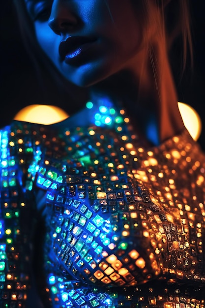 Foto mujer con vestido de lentejuelas brillantes en una fiesta con luces de neón ai generativa