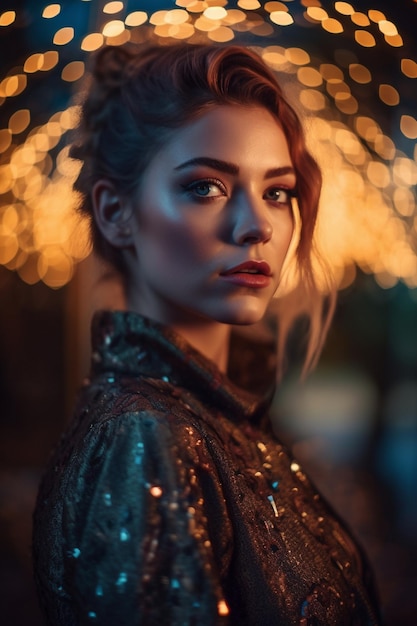 Una mujer con un vestido de lentejuelas se para frente a las luces de un bokeh