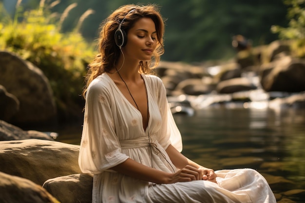 Foto mujer con vestido de lino se sienta junto al arroyo con auriculares escuchando afirmaciones niña medita en natu