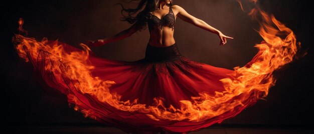 Foto una mujer con un vestido de llama está bailando en un fondo negro