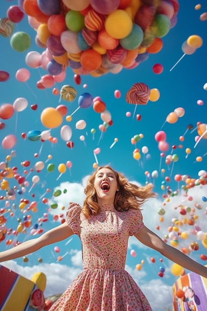 Una mujer con un vestido con un montón de globos de colores en el aire.