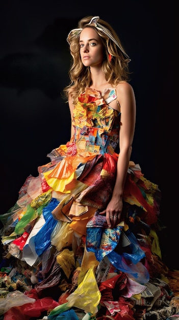 Una mujer con un vestido multicolor de plástico reciclado Idea de vestuario reciclado por IA