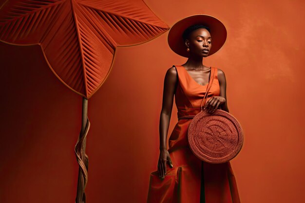 Una mujer con un vestido naranja con un bolso y