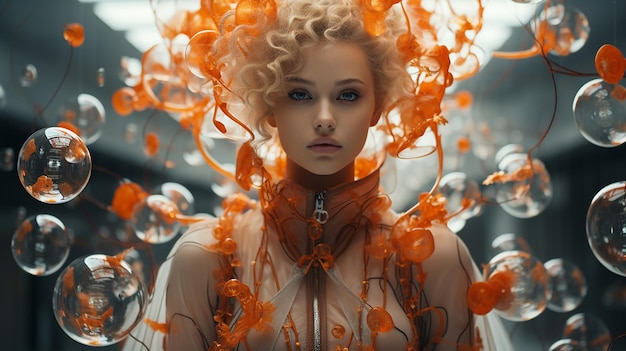 Una mujer con un vestido naranja y cabello naranja.