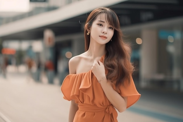 Una mujer con un vestido naranja se para en la calle frente a una tienda.