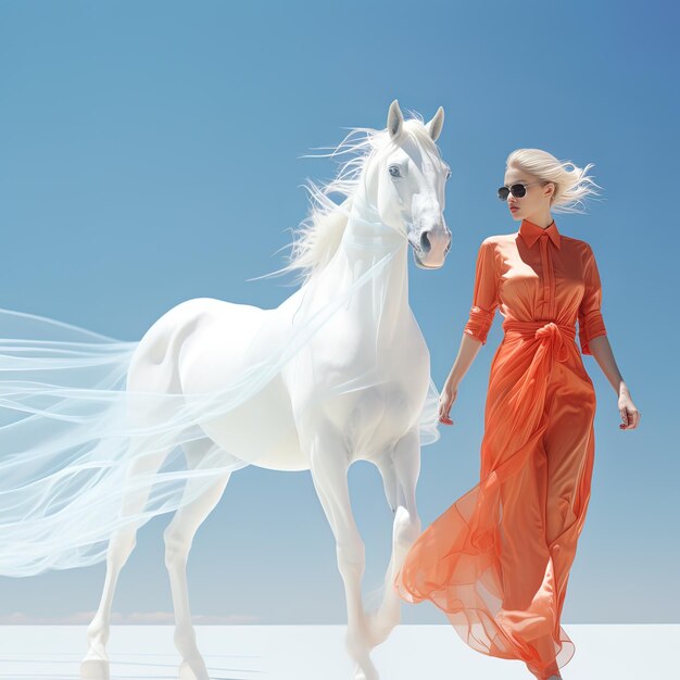 Foto una mujer con un vestido naranja está caminando un caballo blanco