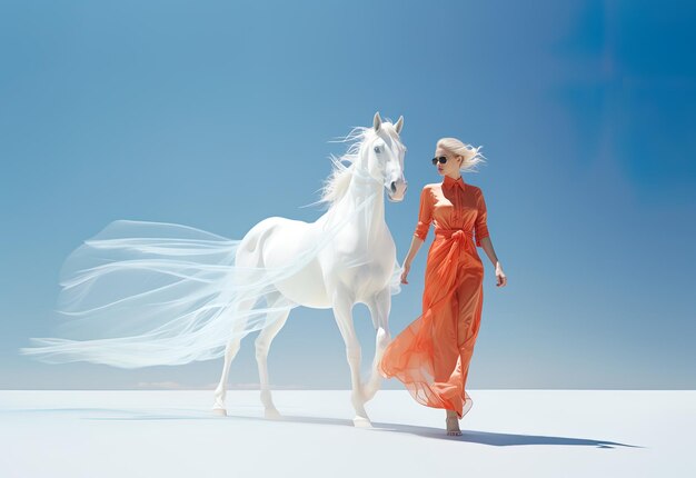 Foto una mujer con un vestido naranja está caminando un caballo blanco