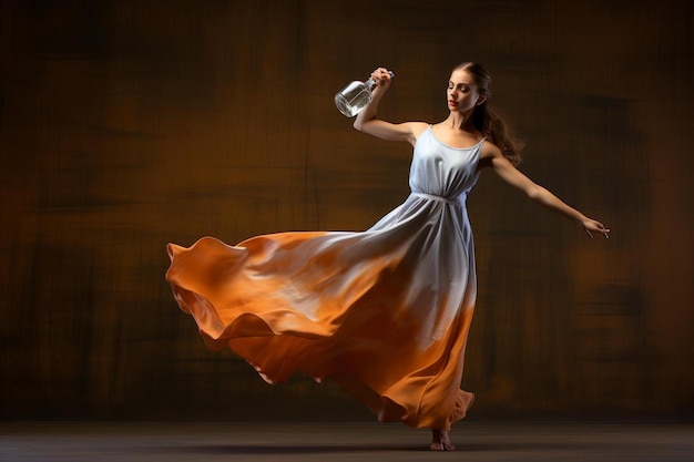 una mujer con un vestido naranja está bailando con una botella de agua.