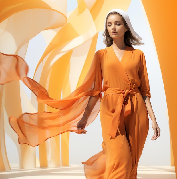 Foto una mujer con un vestido naranja con flores naranjas.