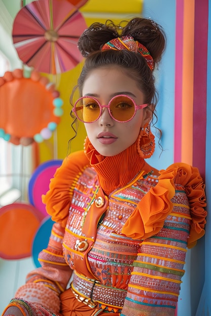 Una mujer con un vestido naranja y gafas de sol